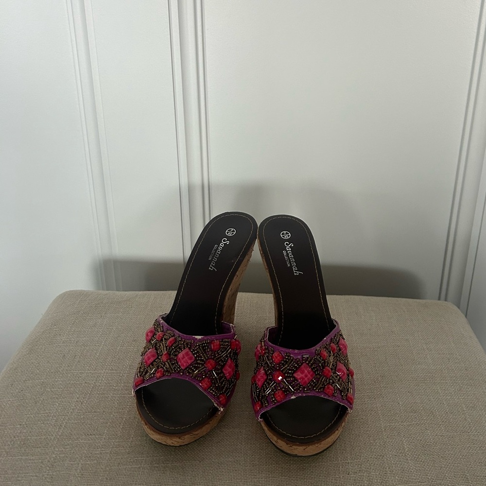 VINTAGE Savannah Pink Purple and Brown Beaded Mules
